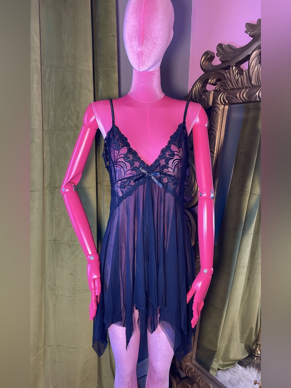 Sheer Navy Lace Babydoll Chemise with Scalloped Cups - Women Intimates